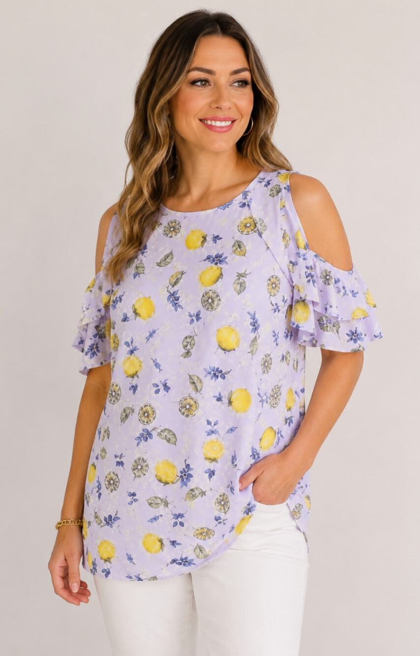 Juicy Couture XL Novelty Print Lemon Cold Shoulder Quirky Summer Casual Blouse